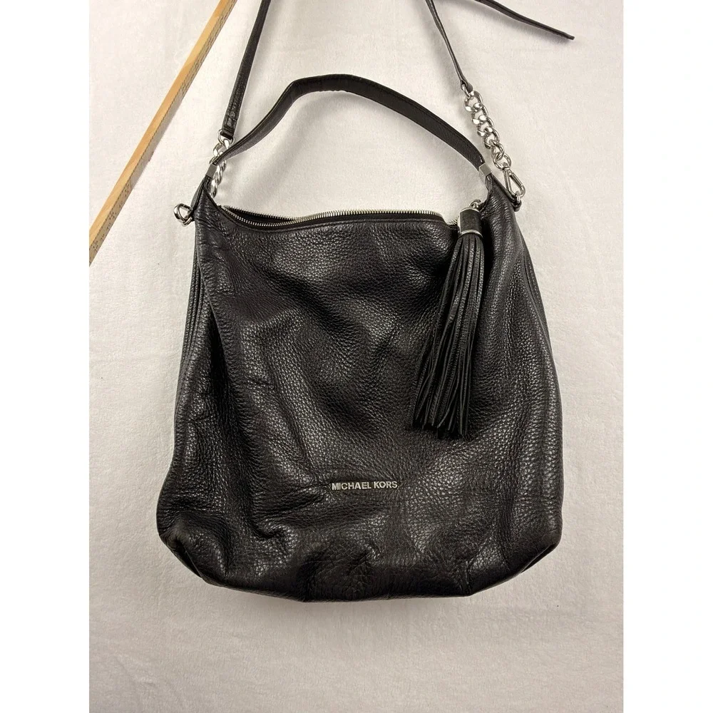 Michael Kors Weston Black Pebbled Leather Hobo Bag Silver Accent Large Crossbody
